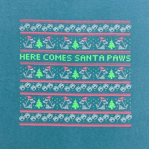 Here Comes Santa Paws GREEN Unisex Short Sleeve Christmas Shirt NEW with Tags - Picture 2 of 5
